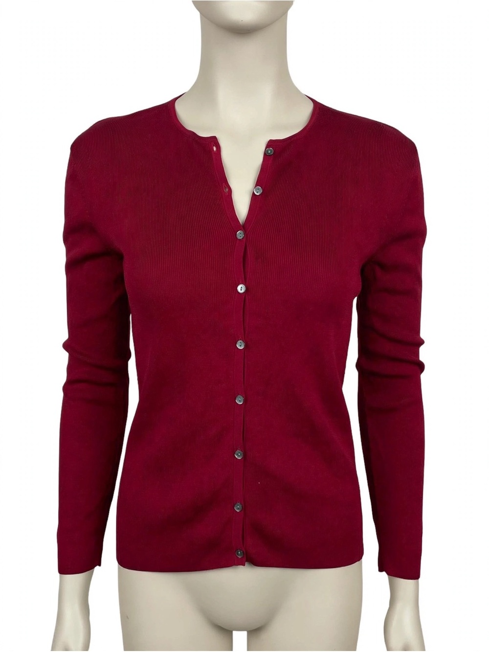 Ann Taylor Berry Red Button-Front Ribbed Cardigan